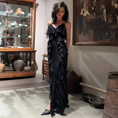 Gemma - Vestido largo con tirantes y volantes para mujer