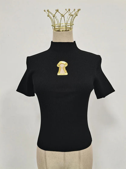 Aisa - Camiseta de cuello alto con hebilla para mujer