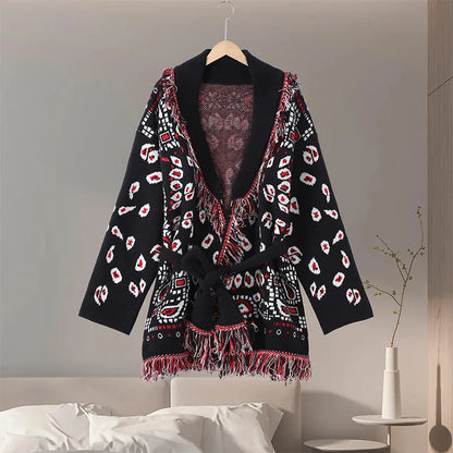 Indara - Cárdigan de mujer con borlas y estampado jacquard