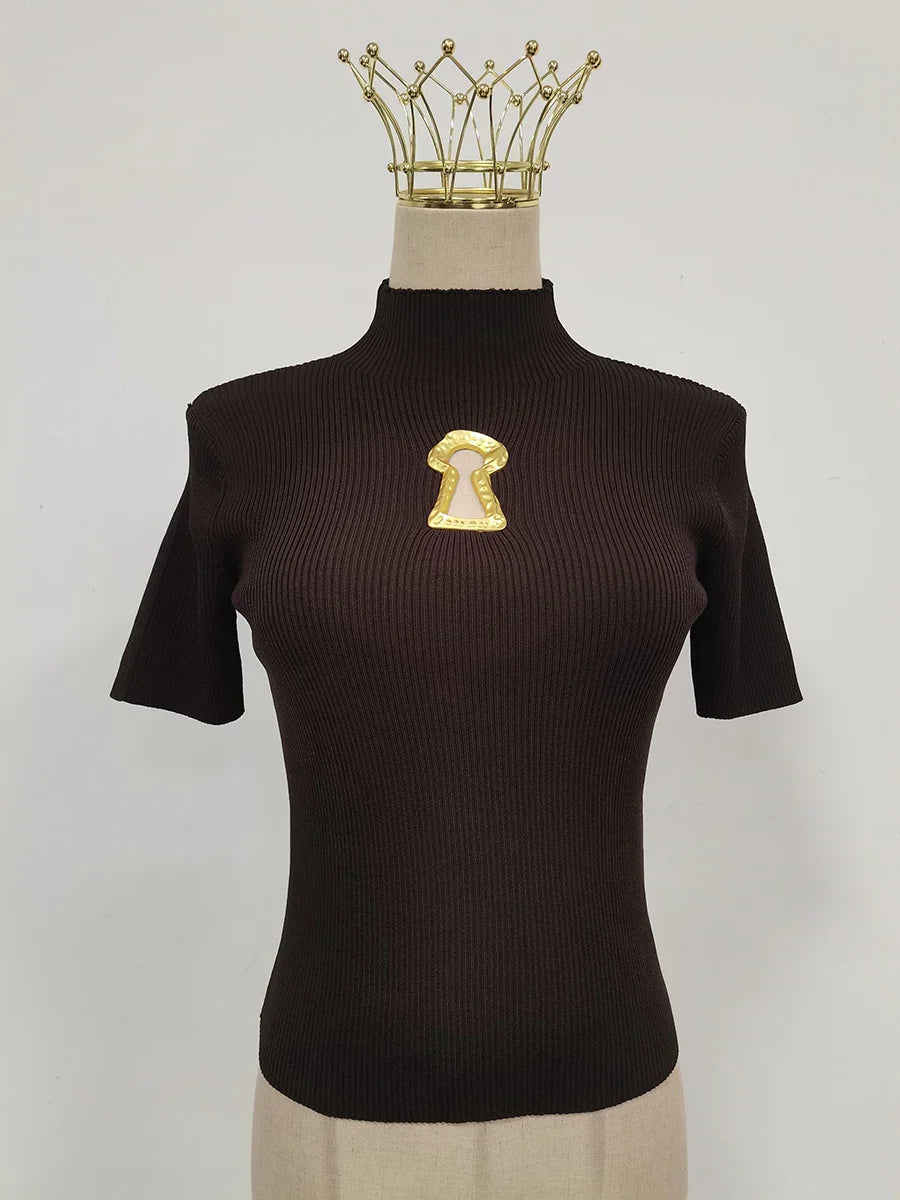 Aisa - Camiseta de cuello alto con hebilla para mujer