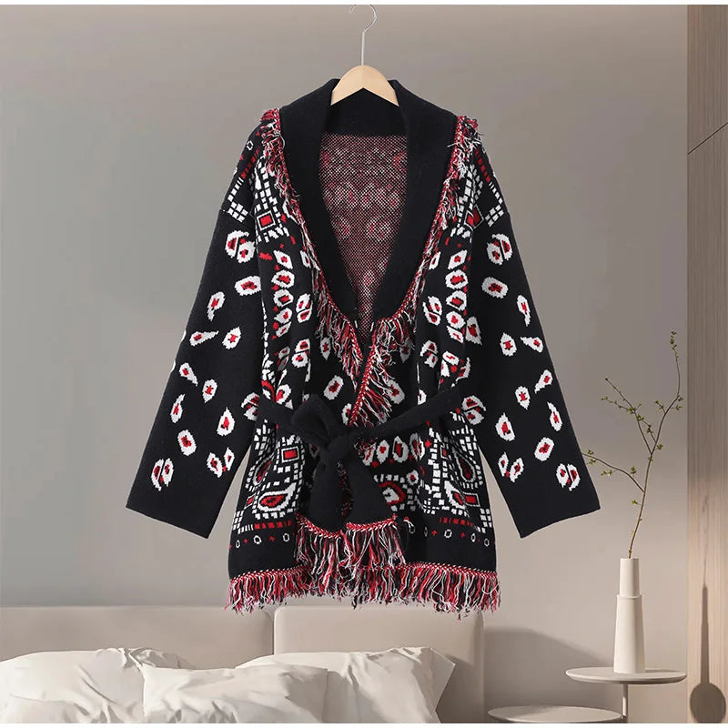 Indara - Cárdigan de mujer con borlas y estampado jacquard