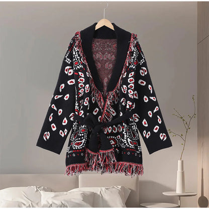 Indara - Cárdigan de mujer con borlas y estampado jacquard