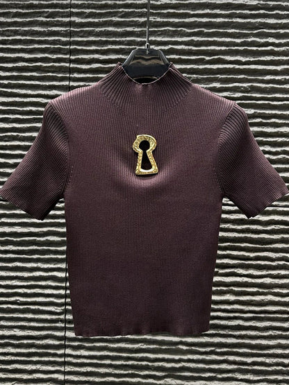 Aisa - Camiseta de cuello alto con hebilla para mujer