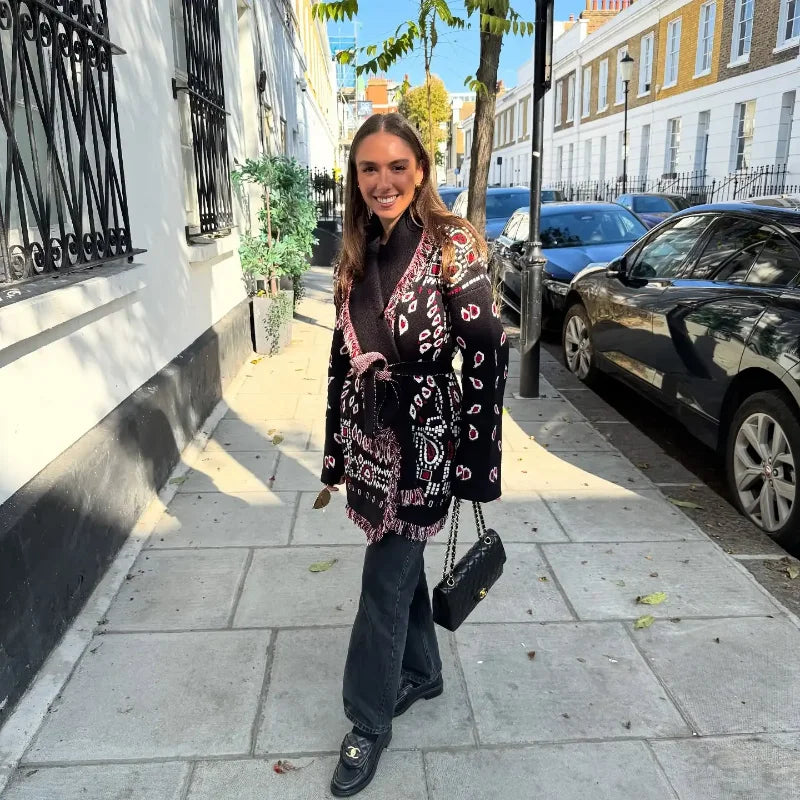 Indara - Cárdigan de mujer con borlas y estampado jacquard