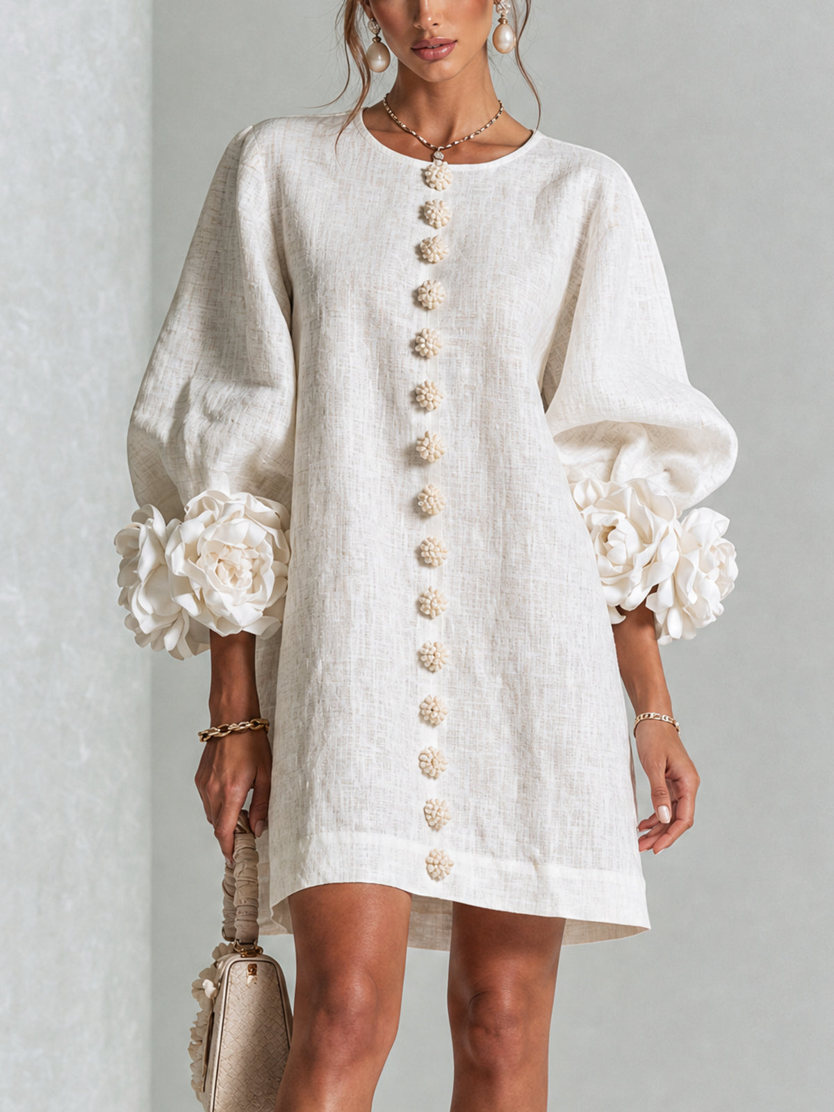 Vestido blanco botones flor - vista frontal