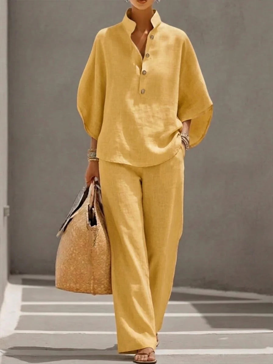 Mimi - Conjunto de Algodón Lino con Mangas Murciélago y Pantalón Ancho