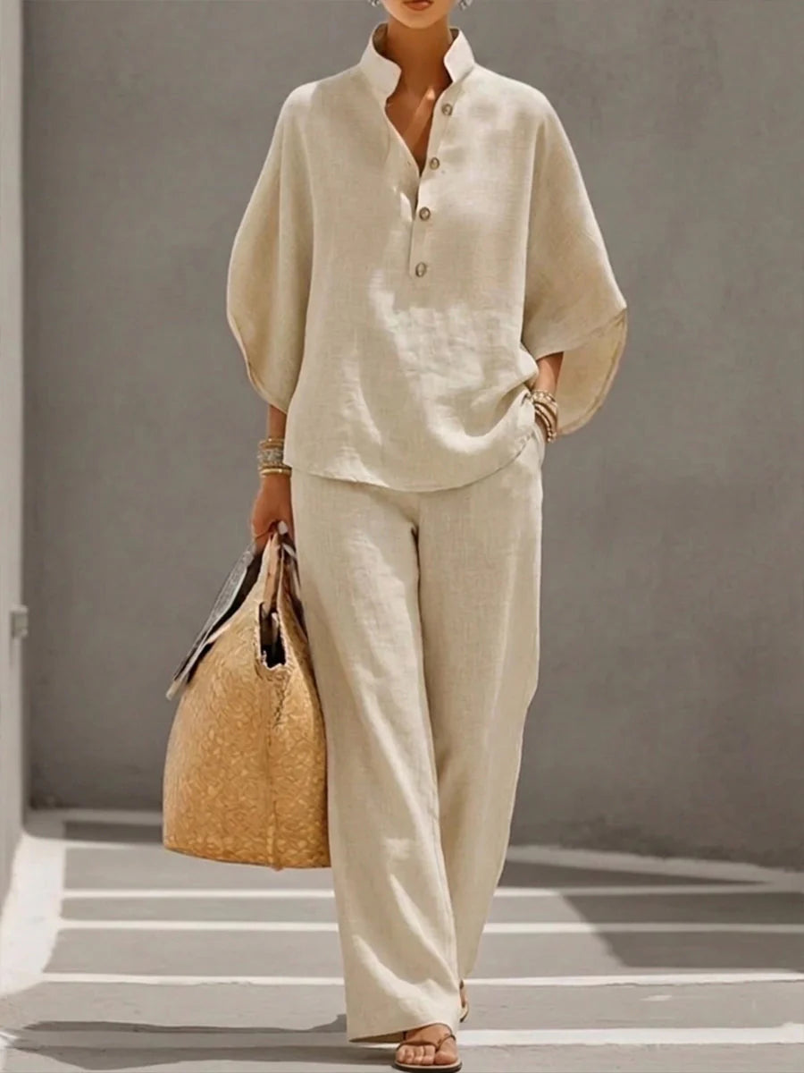 Mimi - Conjunto de Algodón Lino con Mangas Murciélago y Pantalón Ancho
