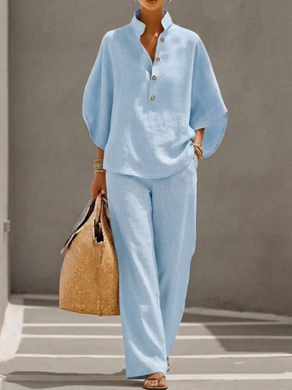 Mimi - Conjunto de Algodón Lino con Mangas Murciélago y Pantalón Ancho