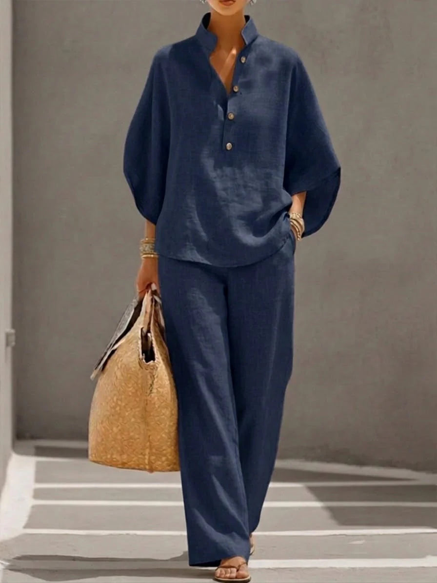 Mimi - Conjunto de Algodón Lino con Mangas Murciélago y Pantalón Ancho