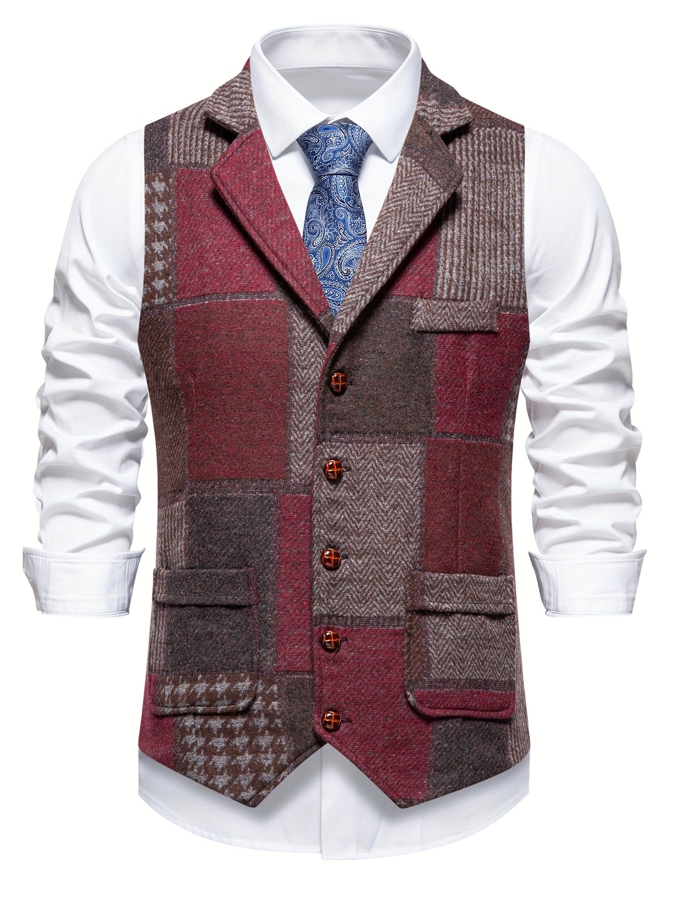 Leo - Chaleco de tweed patchwork con patrón de espiga