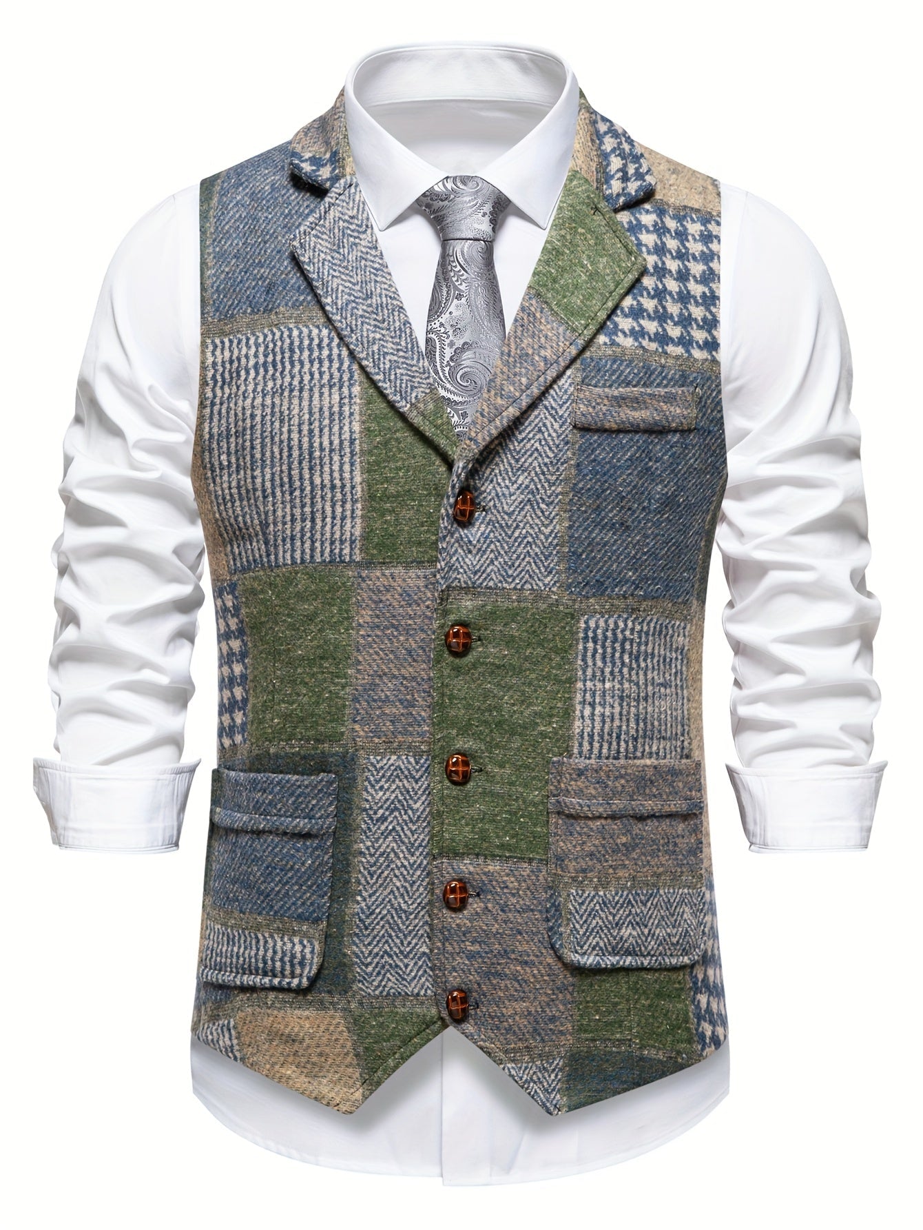 Leo - Chaleco de tweed patchwork con patrón de espiga
