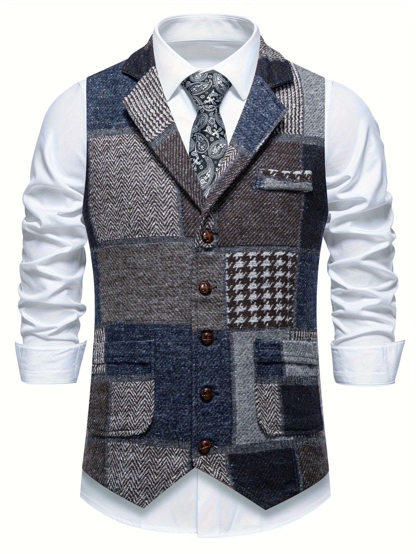 Leo - Chaleco de tweed patchwork con patrón de espiga