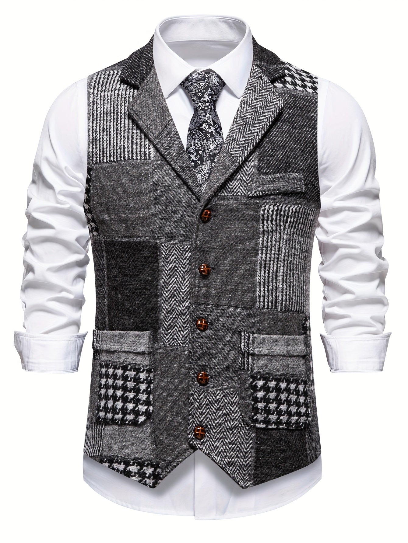 Leo - Chaleco de tweed patchwork con patrón de espiga