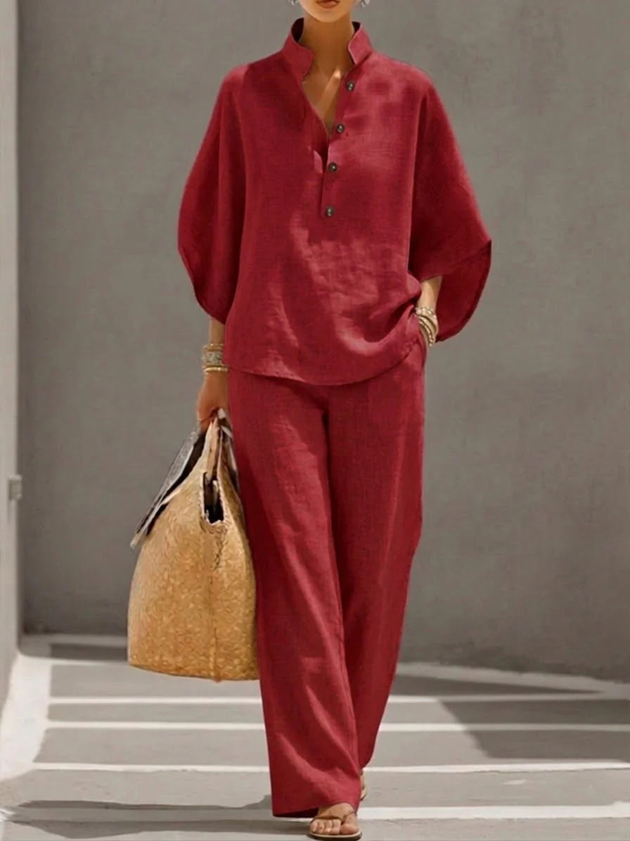 Mimi - Conjunto de Algodón Lino con Mangas Murciélago y Pantalón Ancho
