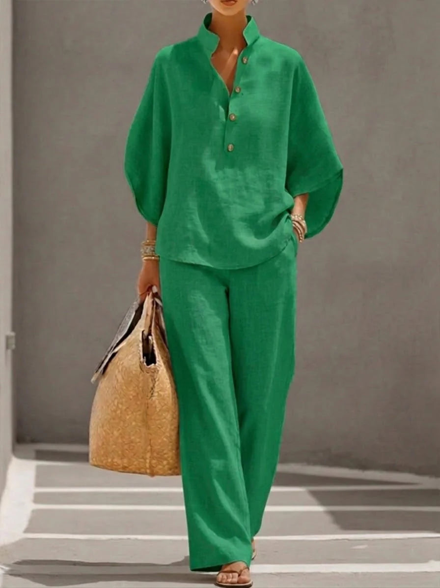 Mimi - Conjunto de Algodón Lino con Mangas Murciélago y Pantalón Ancho